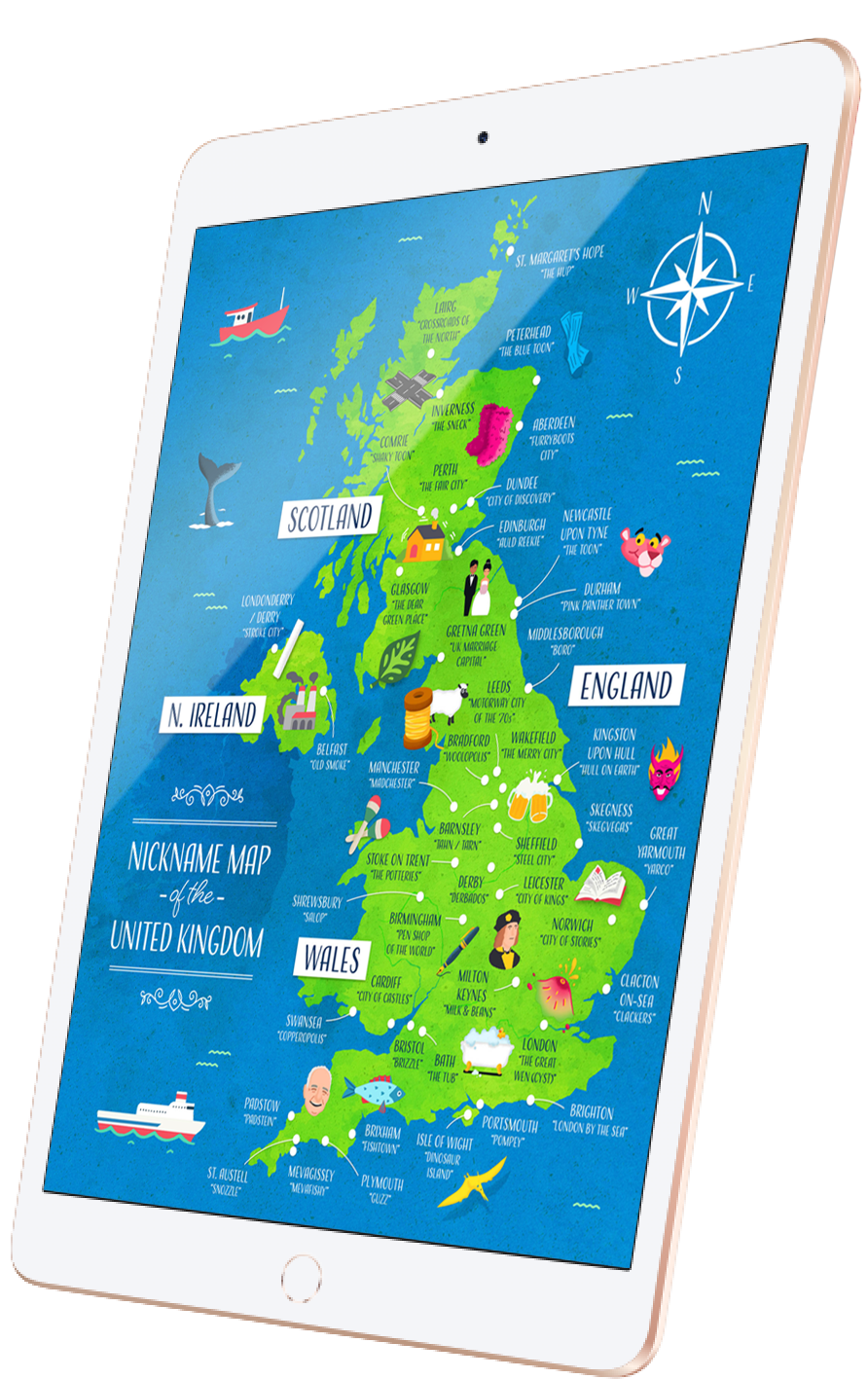 iPad showing creative content, a map of the UK