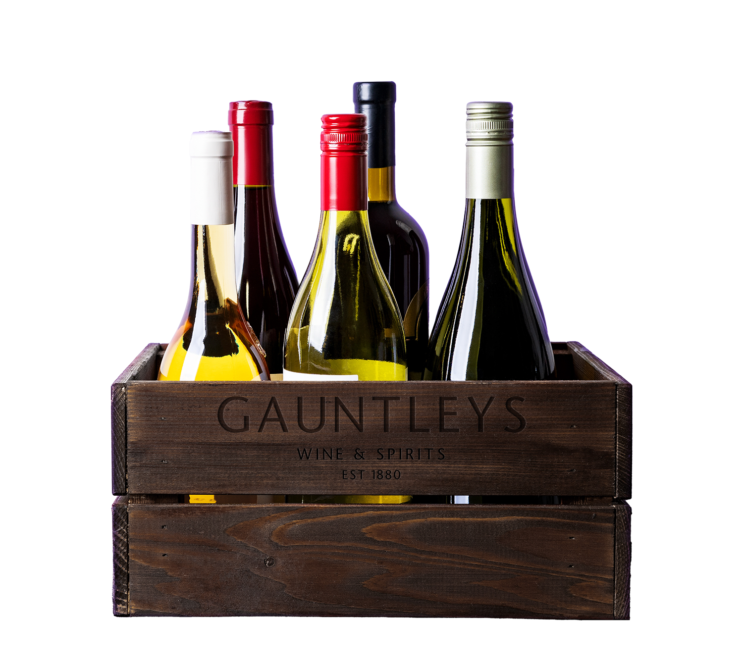 Wine bottles with the Gauntleys logo