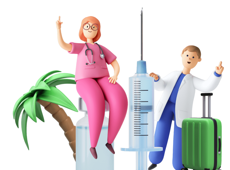 cartoon version of a doctor and nurse with a giant syringe
