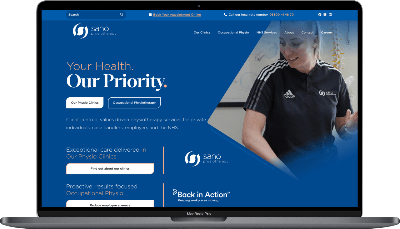 The new Sano Physiotherapy website on a laptop screen