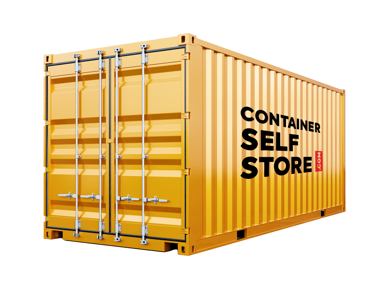 Yellow shipping container with Container Self Store logo in black on the side