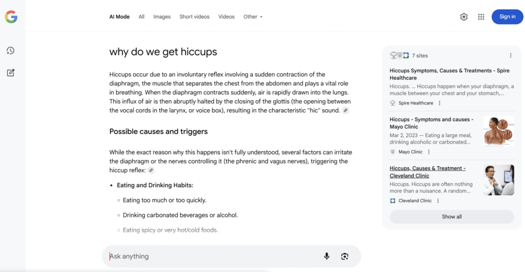 Google ai mode search on hiccups