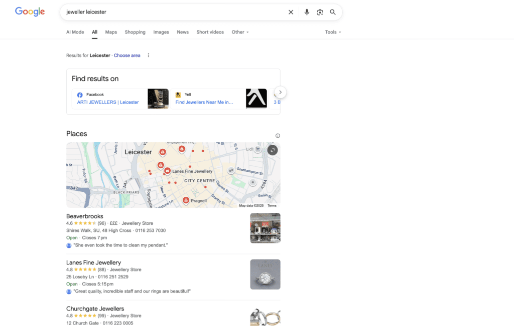 local pack appearing for search for jeweller leicester