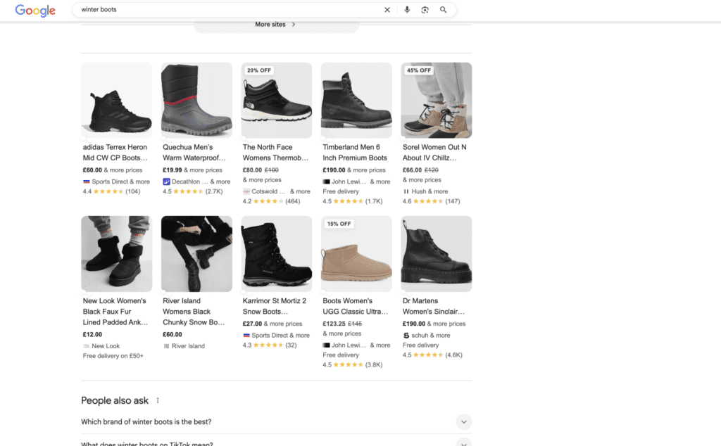 organic shopping listings for a search for winter boots