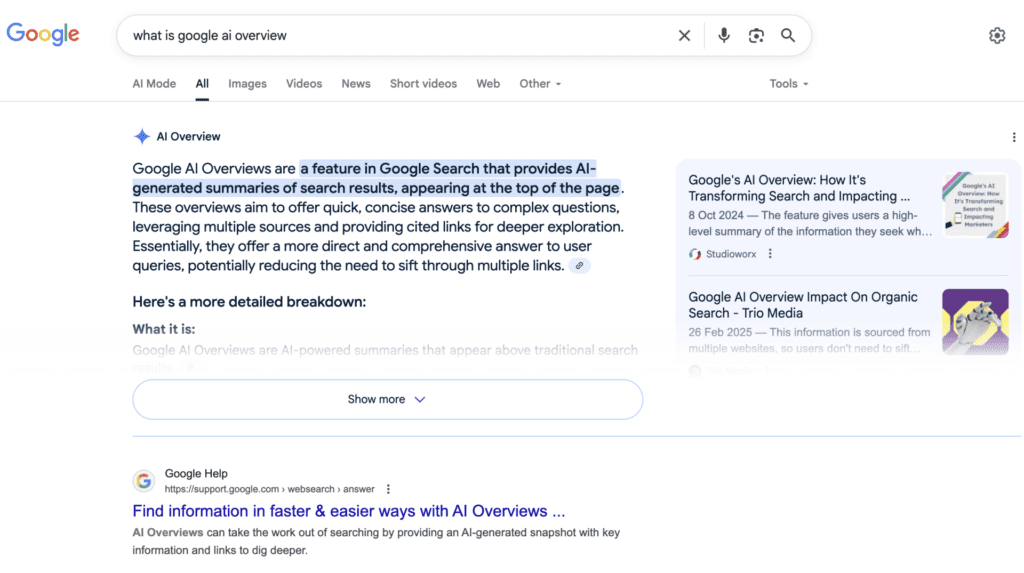 an ai overview appearing for a google search 