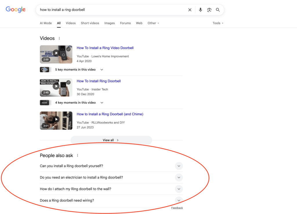 people also asked section appearing for a search about ring doorbells