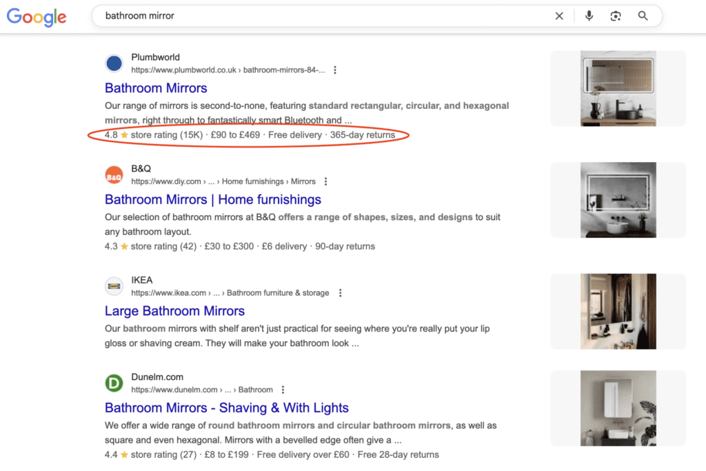 rich snippets appearing in a google search for bathroom mirror